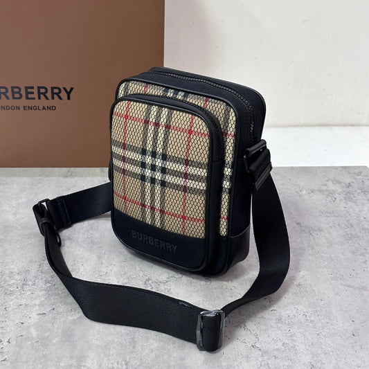 Burberry Freddie Crossbody Bag in Archival Beige Check with Black Mesh Overlay