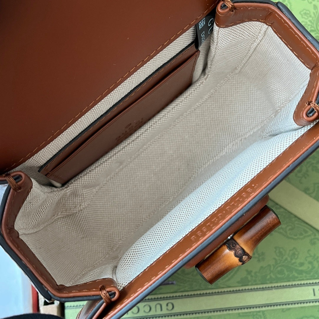 Gucci Bamboo 1947 Mini Top Handle Bag in GG Canvas with Brown Leather Trim