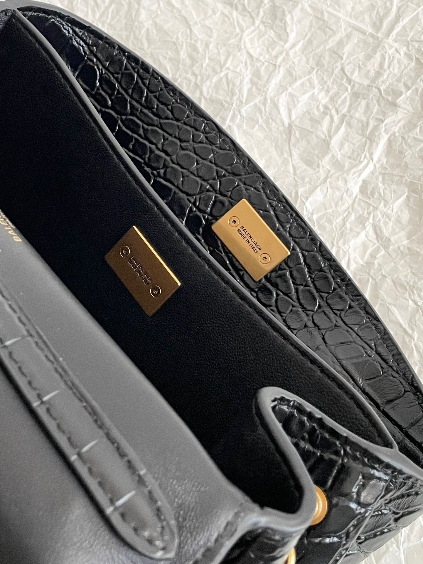 Balenciaga Rodeo Crocodile-Embossed Black Leather Handbag