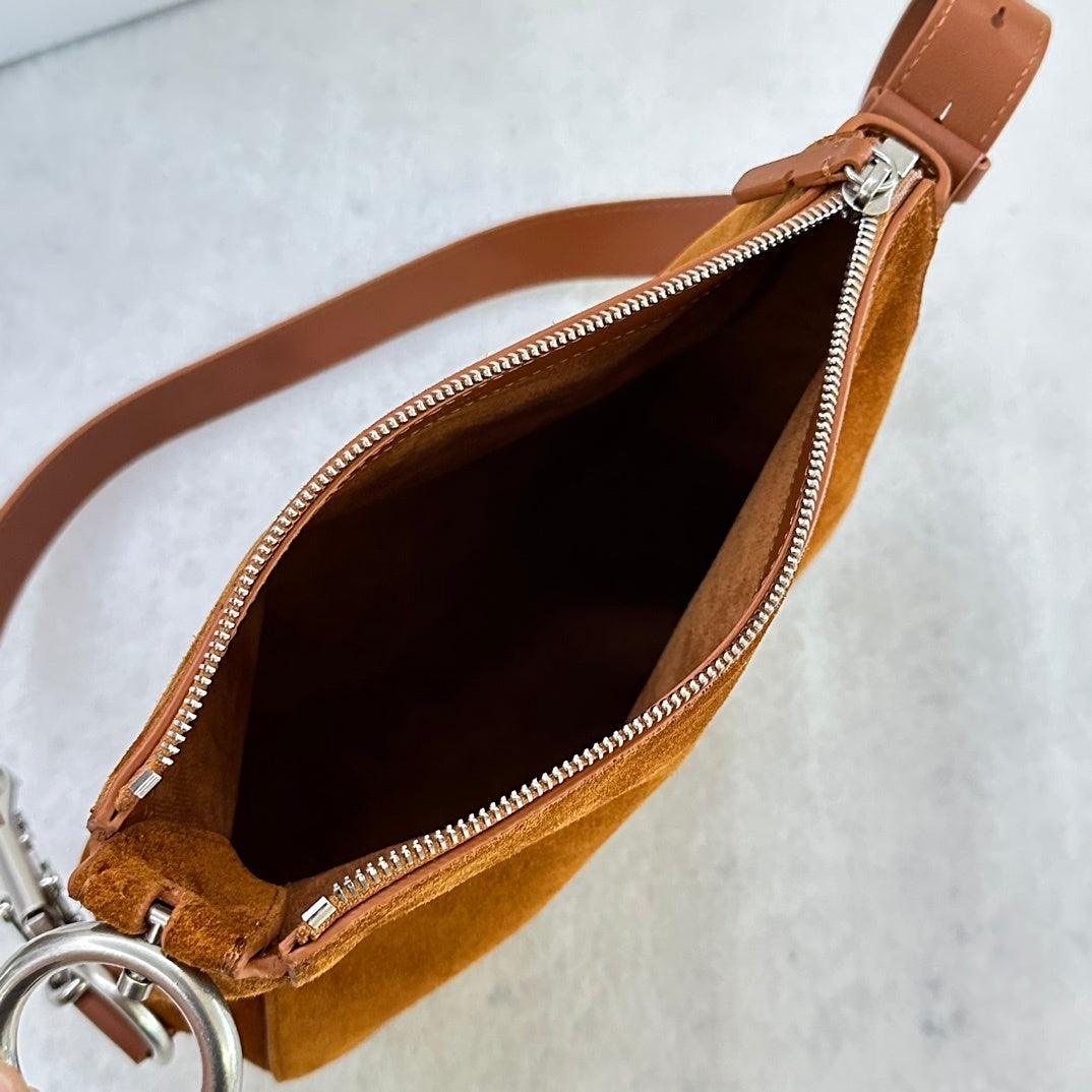 Burberry Knight Small Brown Suede Shoulder Bag with Silver Ring Detail