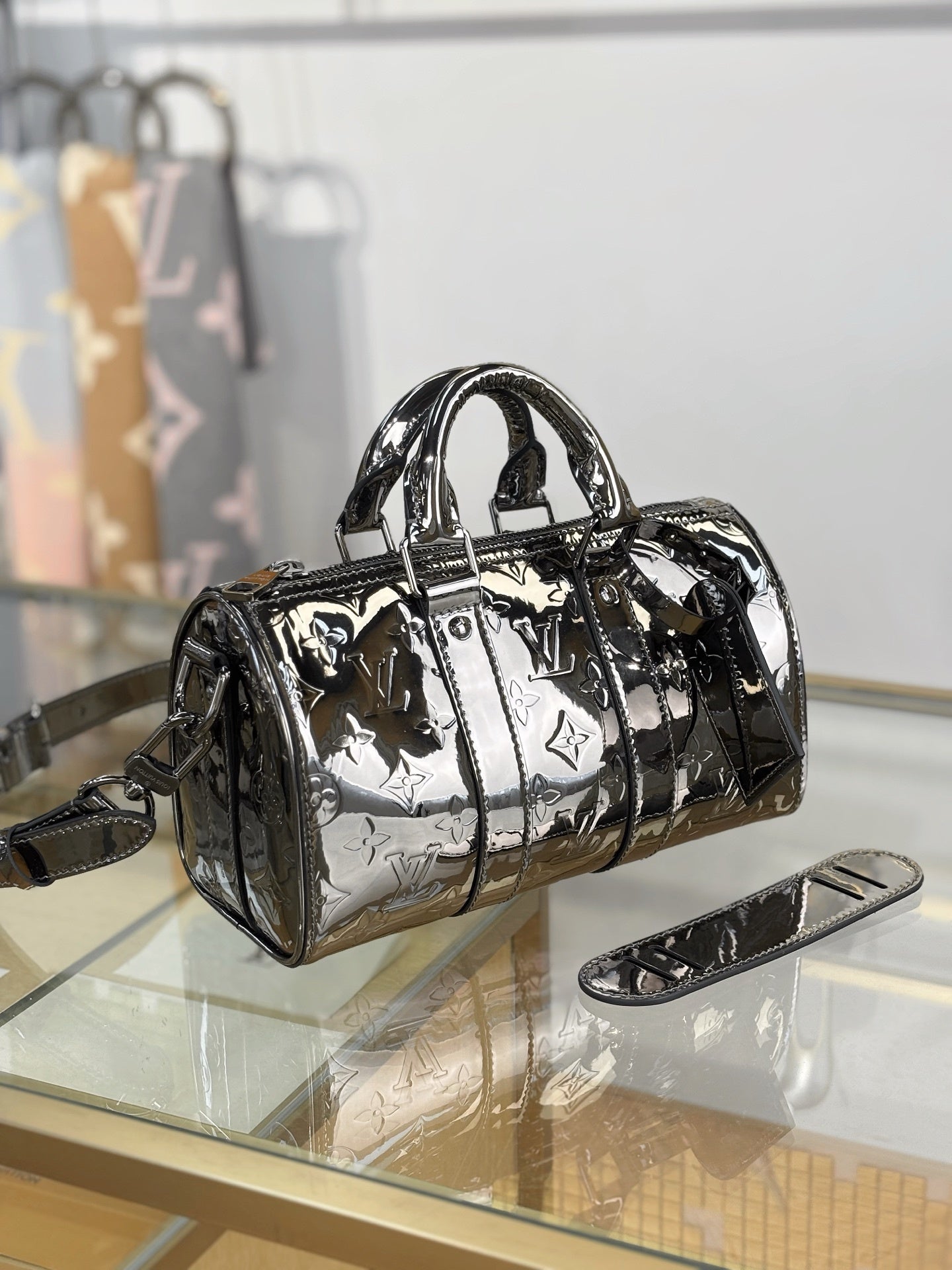 Louis Vuitton Keepall Bandoulière 25 Bag in Gunmetal Monogram Mirror Canvas