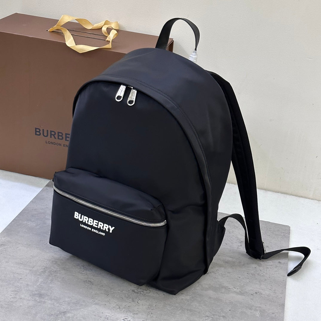 Burberry Black Nylon Backpack with Raised Logo and Leather Trim