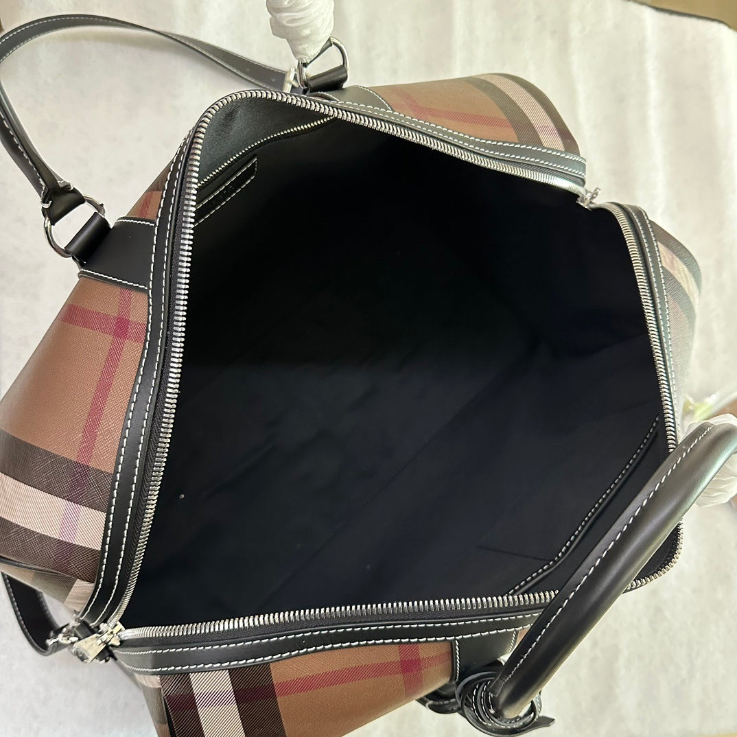 Burberry Boston Duffle Bag Iconic Check Canvas with Leather Luggage Tag