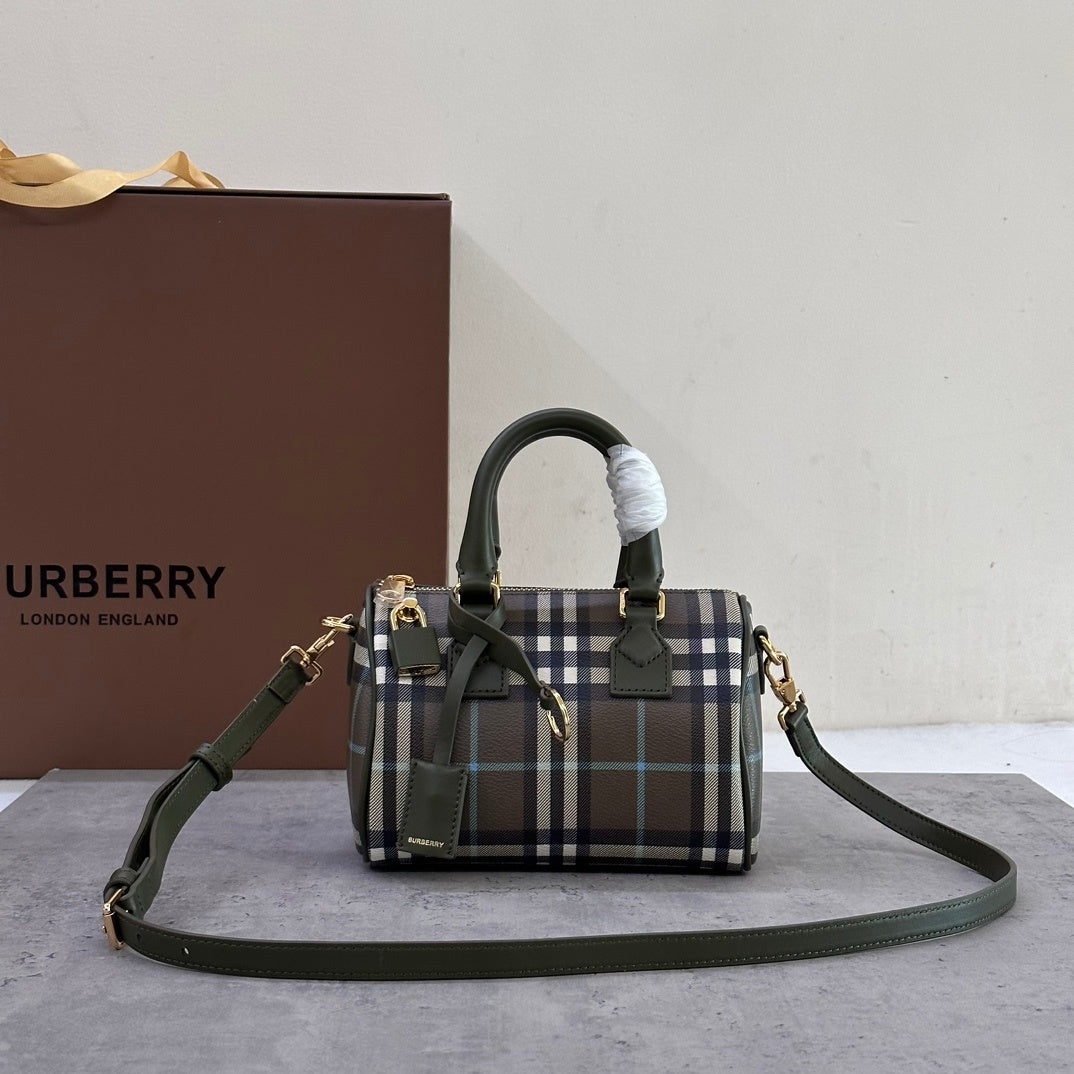 Burberry Bowling Bag in Olive Green Check Coated Cotton with Padlock Charm