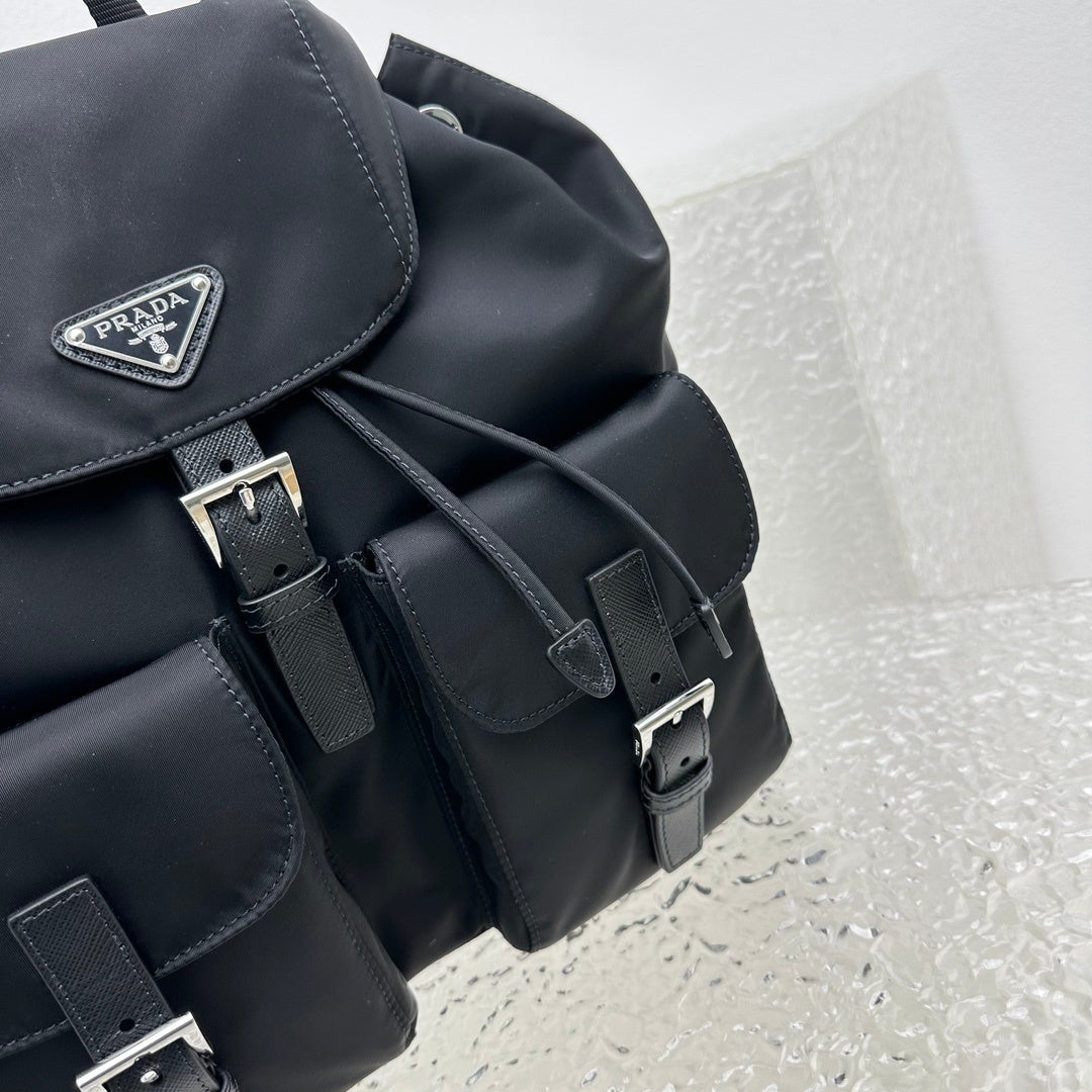 Prada Black Re-Nylon and Saffiano Leather Backpack with Detachable Pouch
