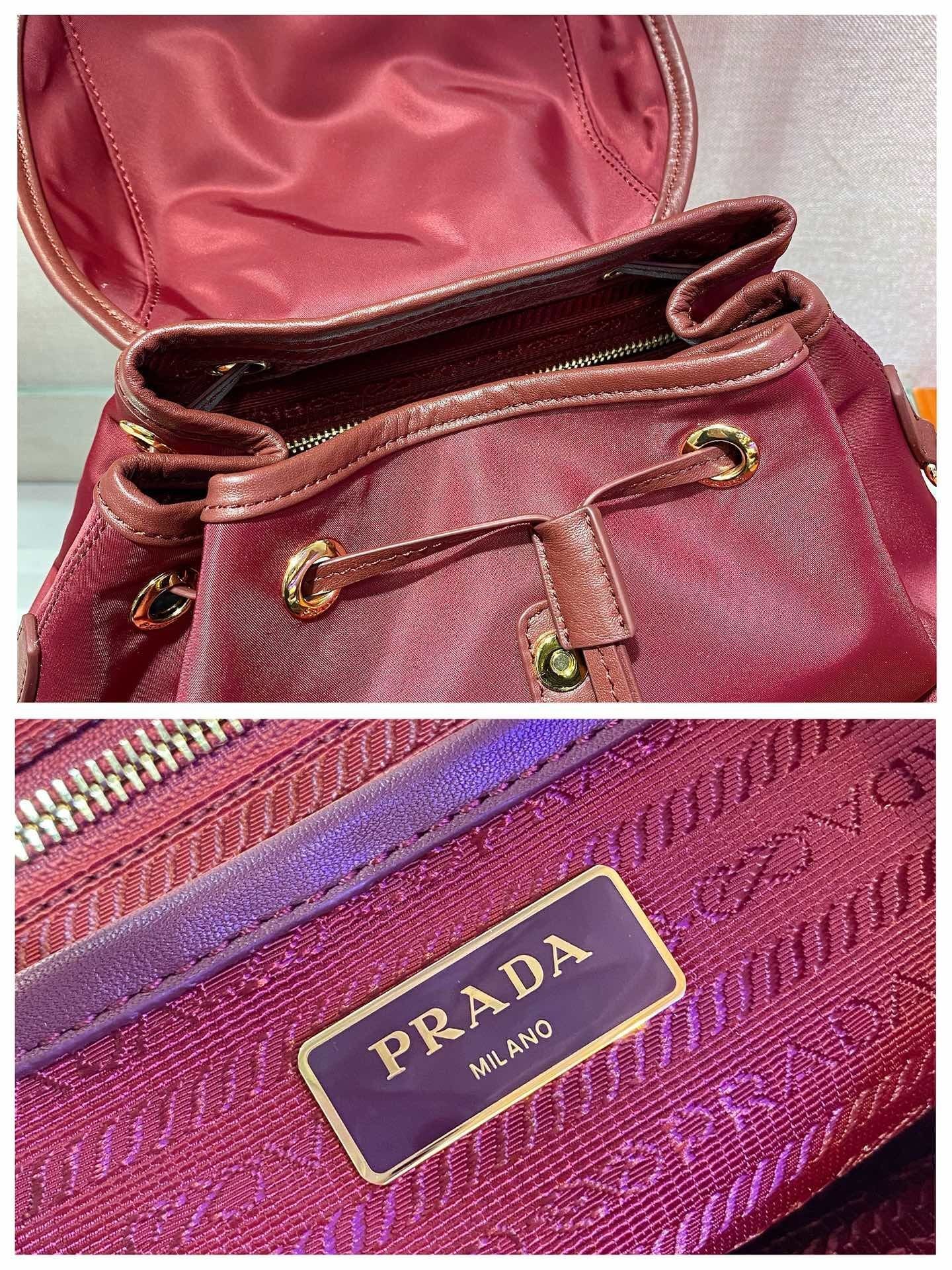 Prada Small Re-Nylon Backpack – Burgundy Red with Saffiano Leather Trim & Gold-Tone Hardware