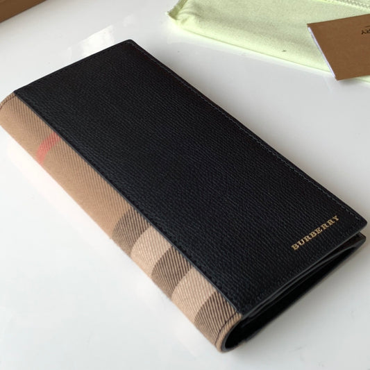 Burberry Long Grainy Leather Wallet with House Check Side Panel