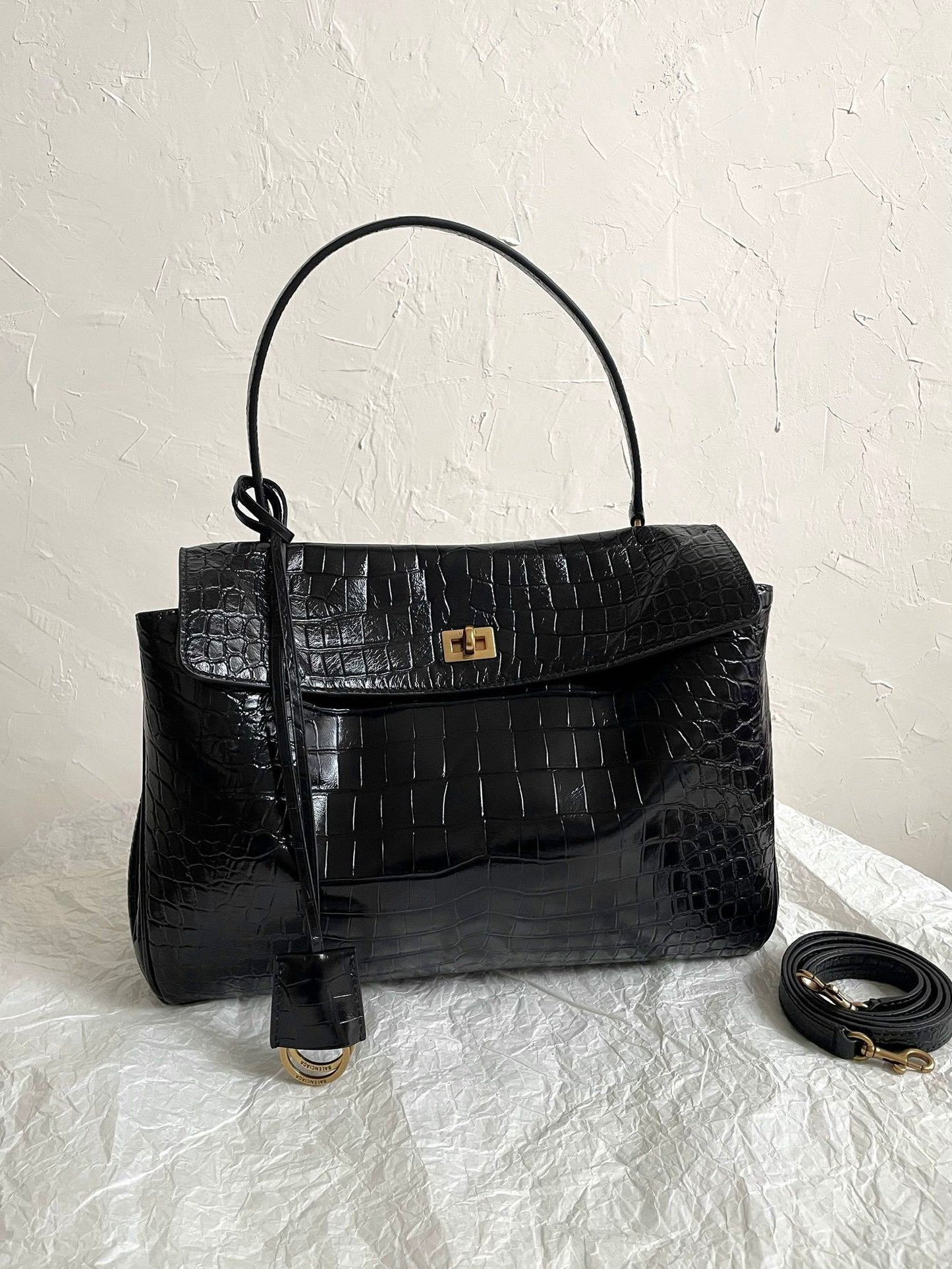 Balenciaga Rodeo Black Croc-Embossed Calfskin Luxury Handbag