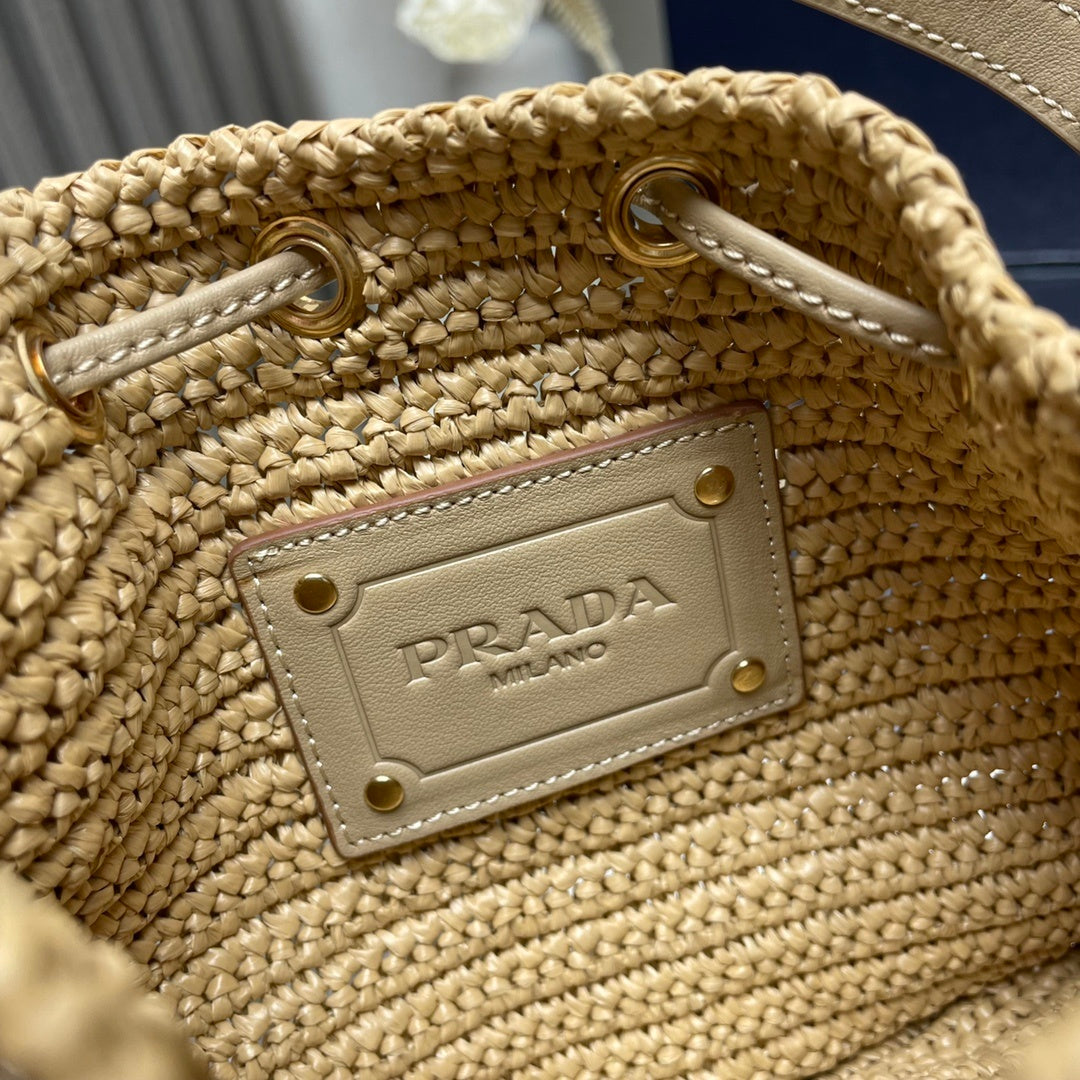 Prada Crochet Mini Bucket Bag – Beige Raffia with Leather Drawstring
