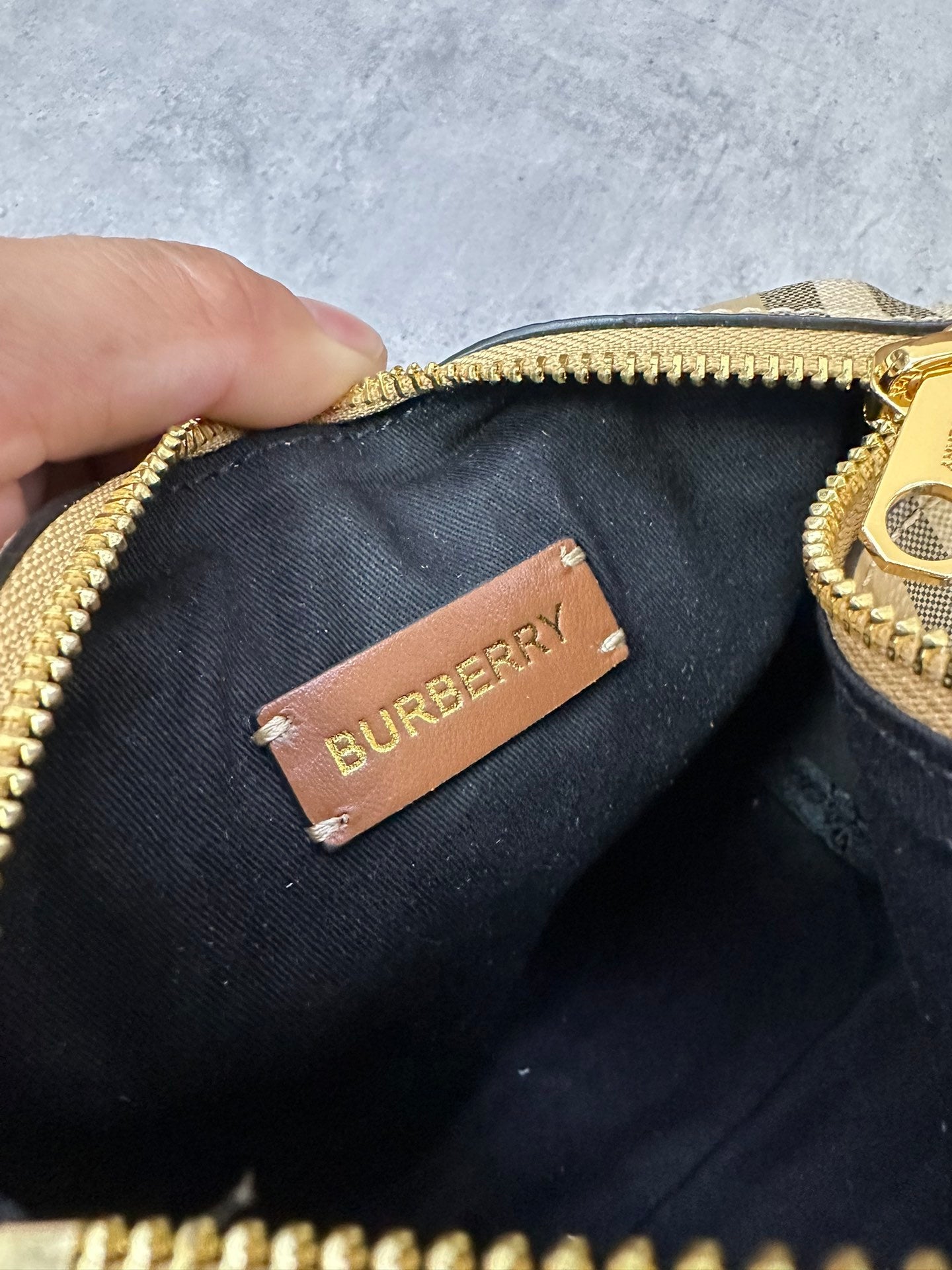 Burberry Mini Check Bowling Bag in Archive Beige & Briar Brown with Leather Trim