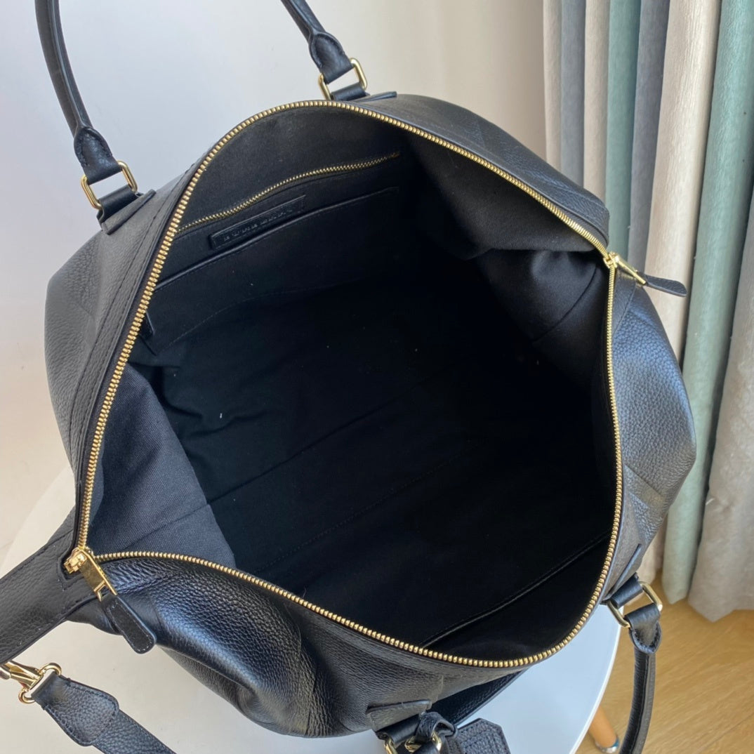 Burberry Black Leather Boston Bag with Check-Embossed Pattern
