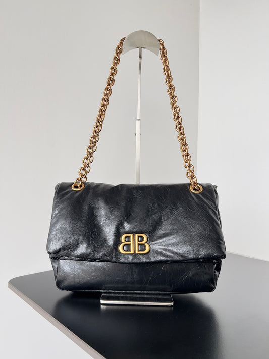Balenciaga Monaco Black Crinkled Calfskin Shoulder Bag