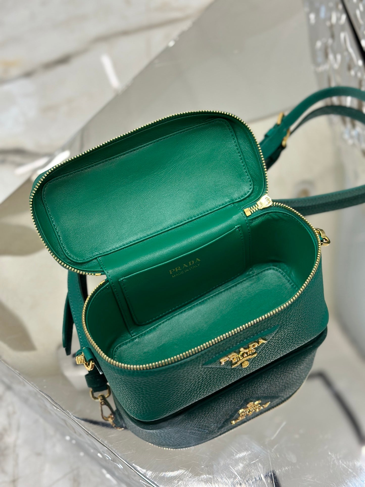 Prada Convertible Top Handle Vanity Shoulder Bag in Green Leather – Elegant Designer Bag