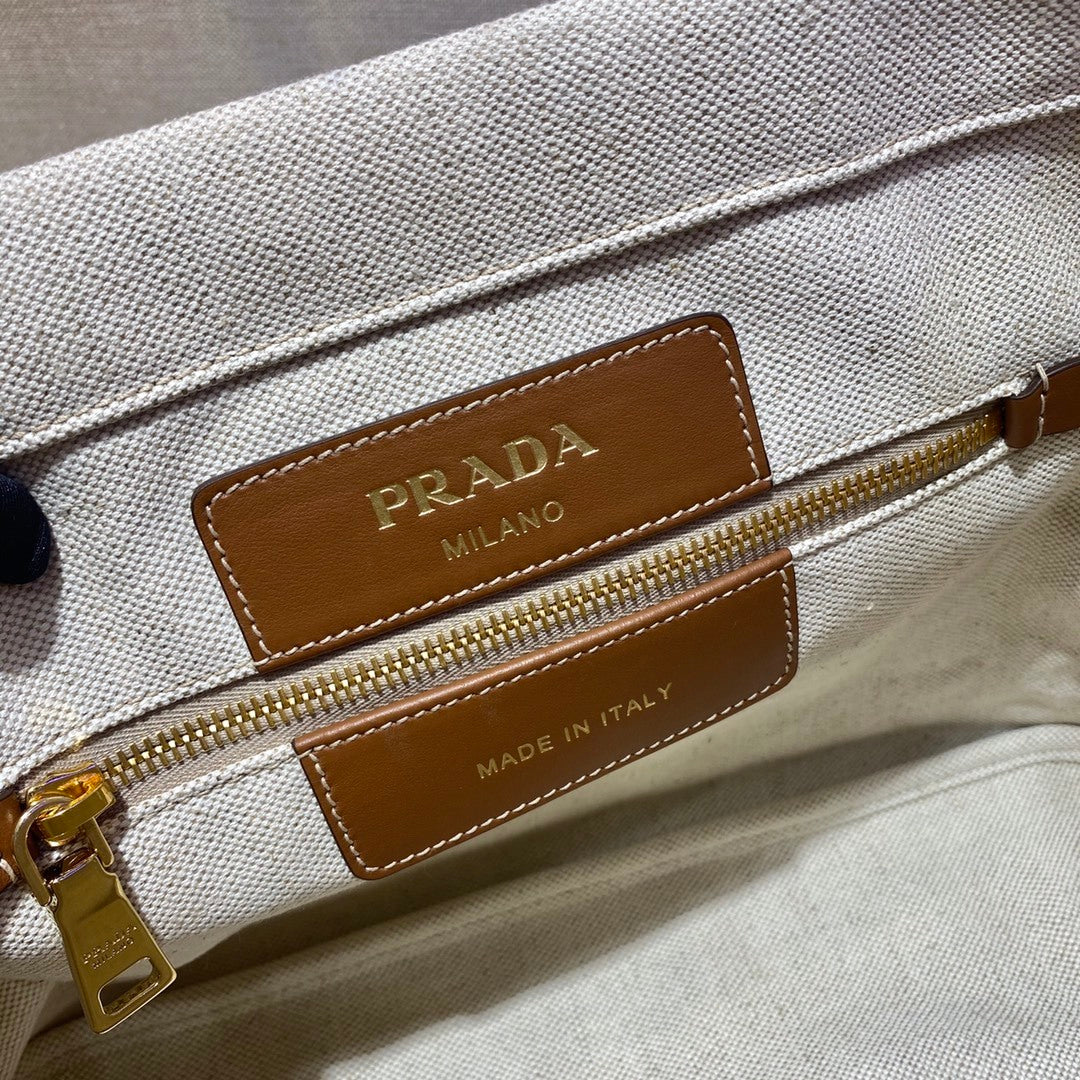 Prada Logo-Print Canvas Tote Bag with Leather Handles – Naturale & Cognac
