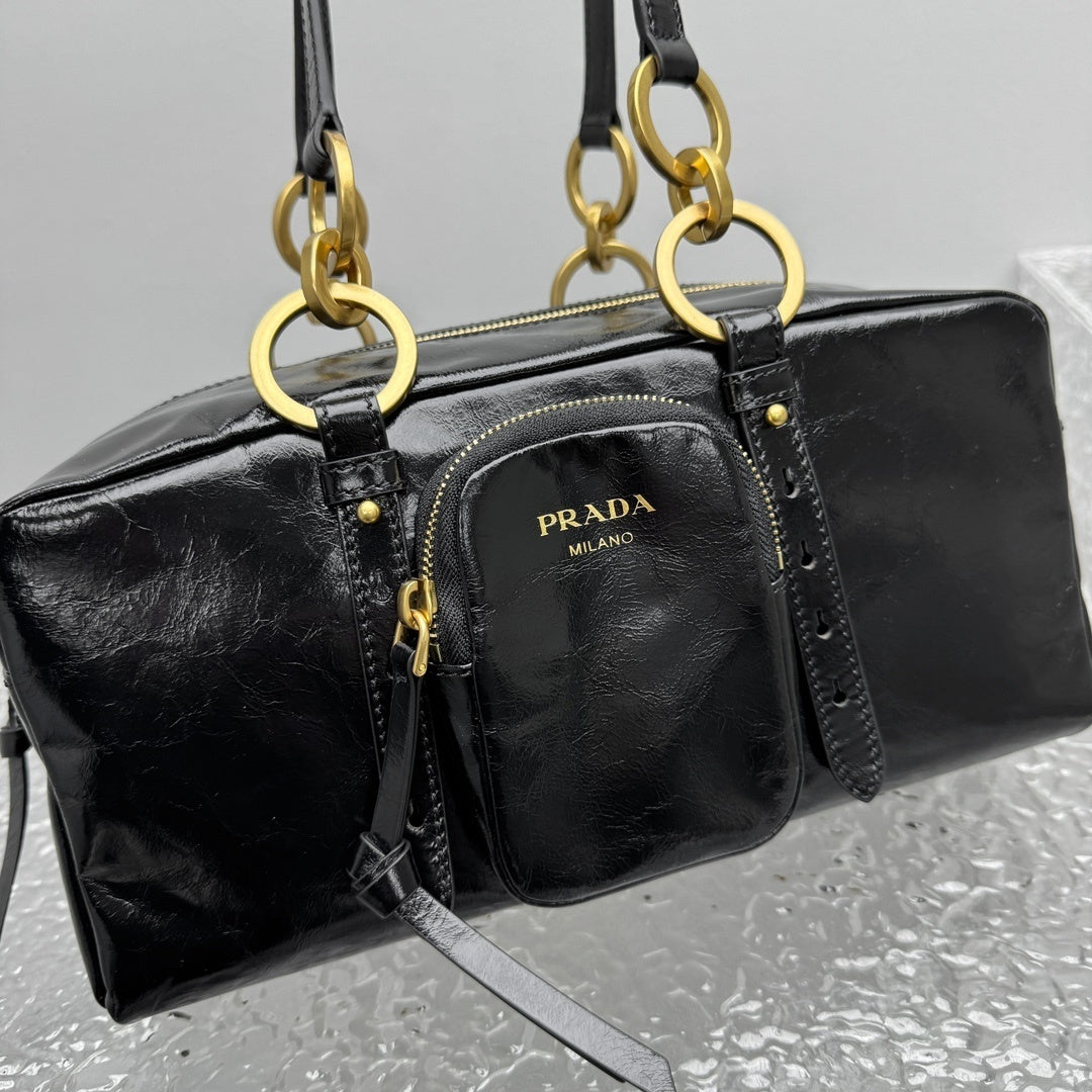 Prada Dangle Medium Black Leather Top Handle Shoulder Bag