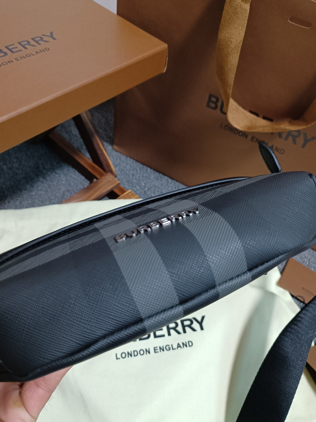 Burberry Sonny Belt Bag in Black Charcoal Check Canvas with Leather Trim