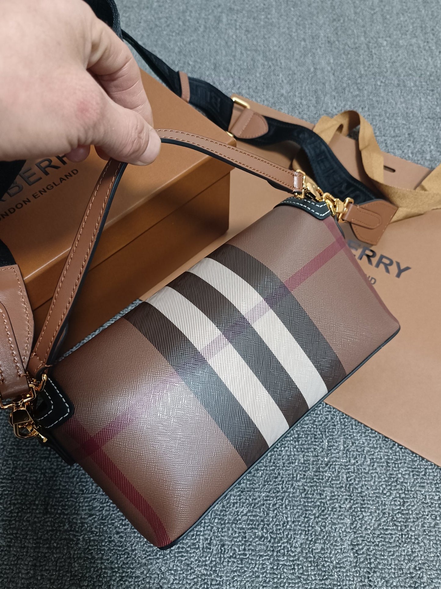 Burberry Note Bag Dark Birch Brown Check Canvas Luxury Crossbody