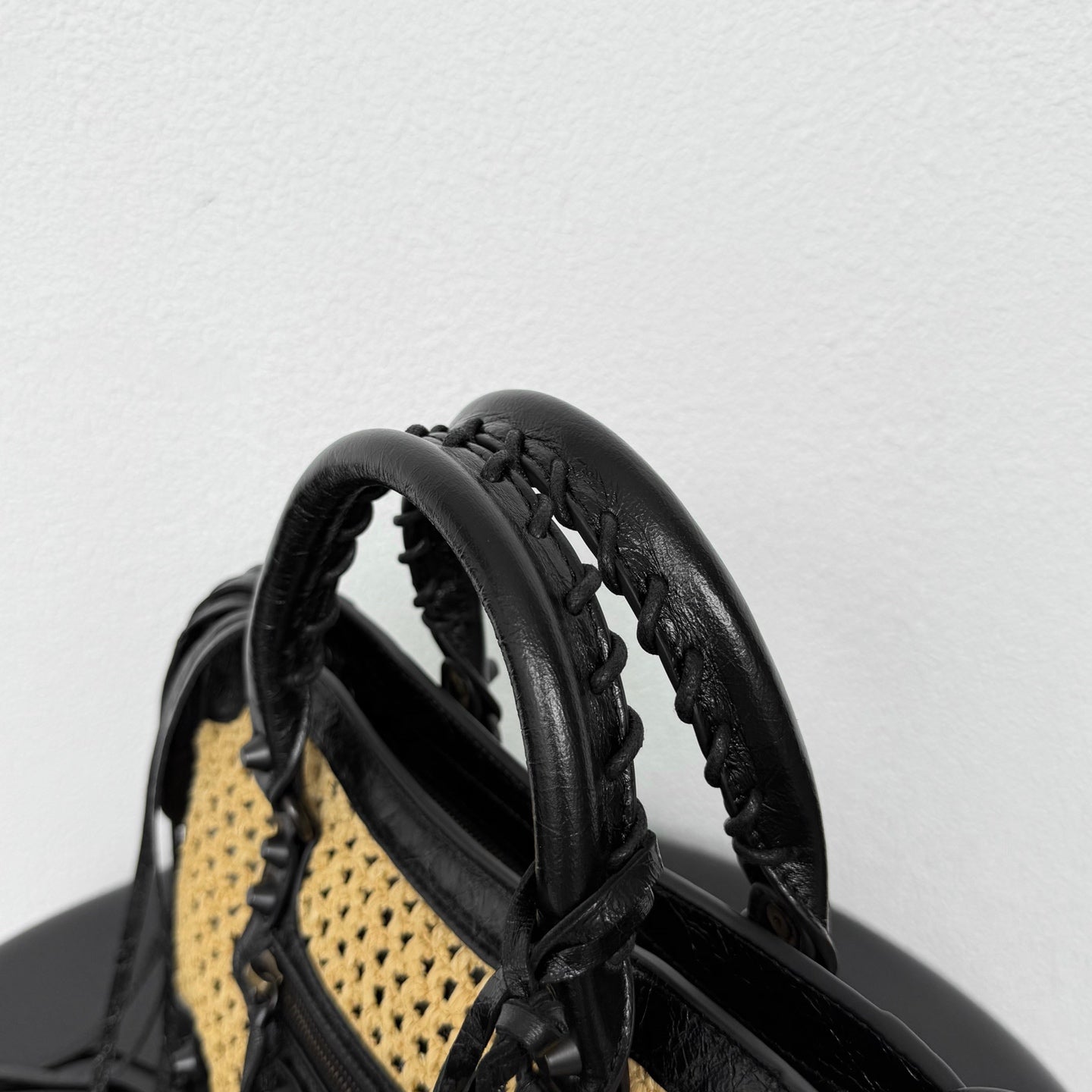 Balenciaga Small Le City Raffia Bag with Black Lambskin Trim
