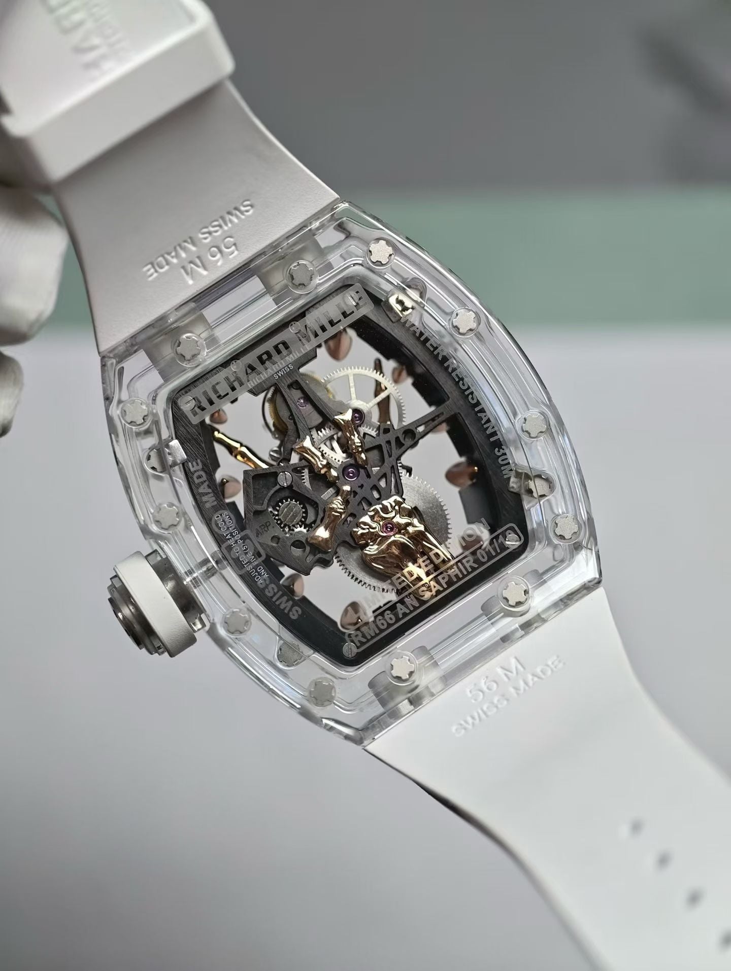 Richard Mille Skeleton Sapphire Case Watch with White Rubber Strap