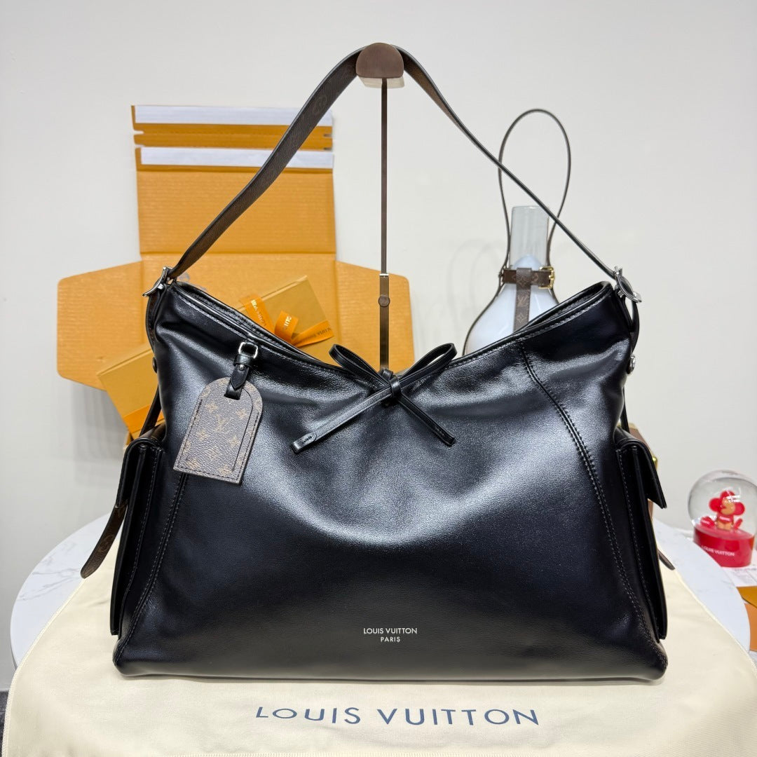 Louis Vuitton CarryAll Vibe MM – Black Lambskin Leather Bag with Monogram Pouch
