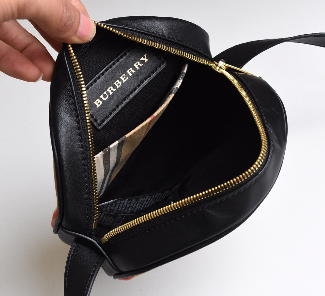 Burberry Louise Icon Stripe E-Canvas Round Crossbody Bag with Black Leather Trim