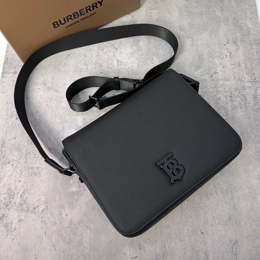 Burberry Alfred Black Leather Crossbody Bag with TB Monogram Plaque
