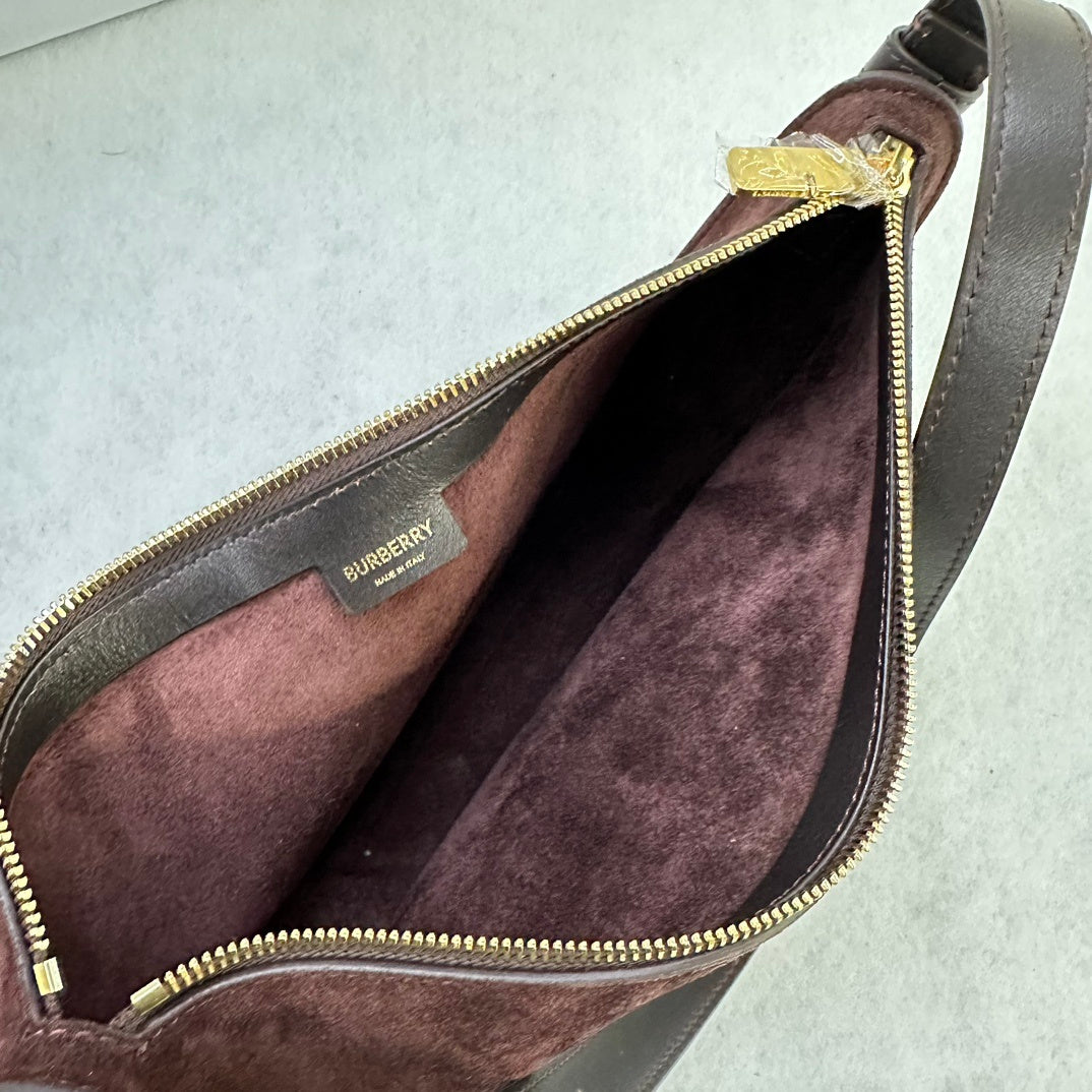Burberry Shield Small Brown Suede Crescent Shoulder Bag