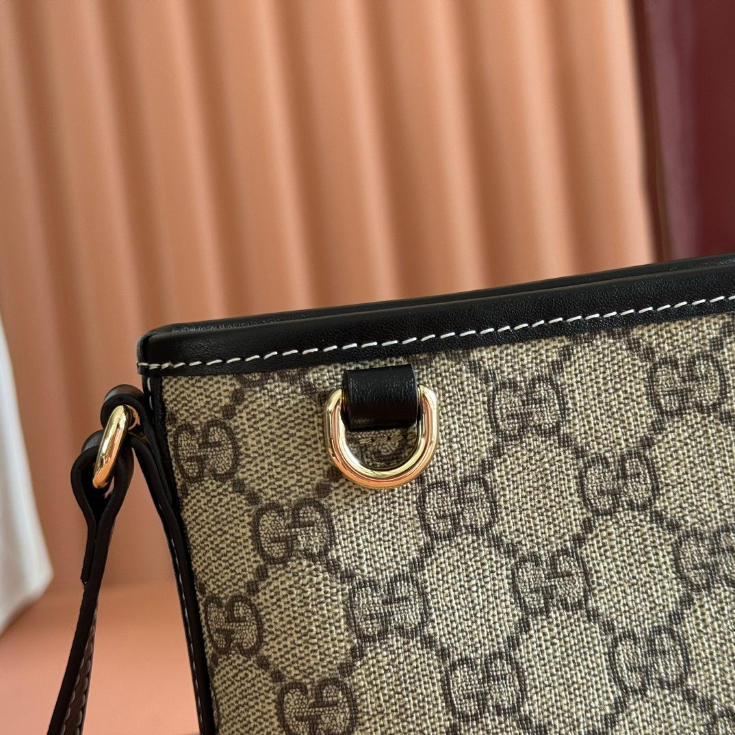 Gucci GG Emblem Nano Bucket Bag in Beige & Dark Brown Monogram with Black Leather Trim