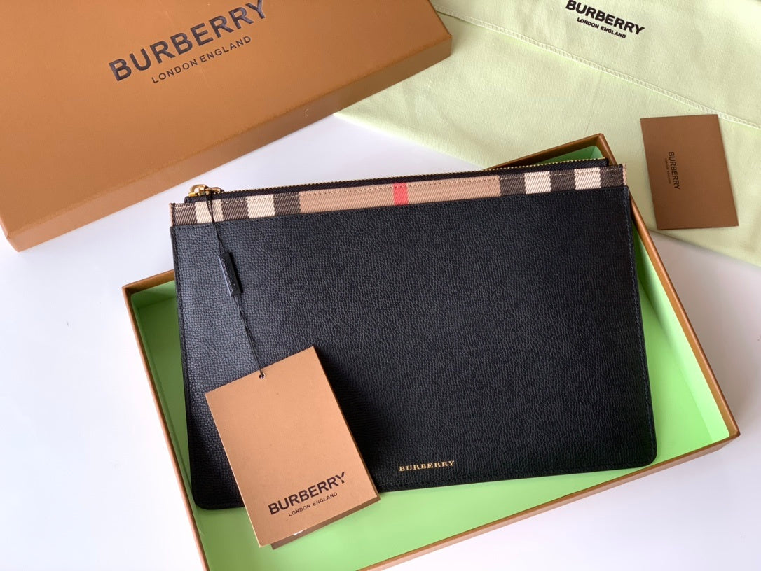 Burberry Black Leather Clutch Bag with Vintage Check Trim