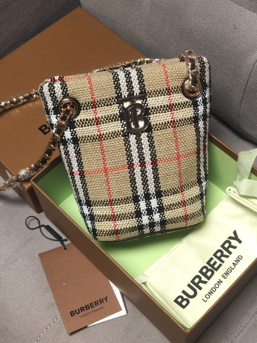 Burberry Mini Lola Bucket Bag in Archive Beige Vintage Check Bouclé