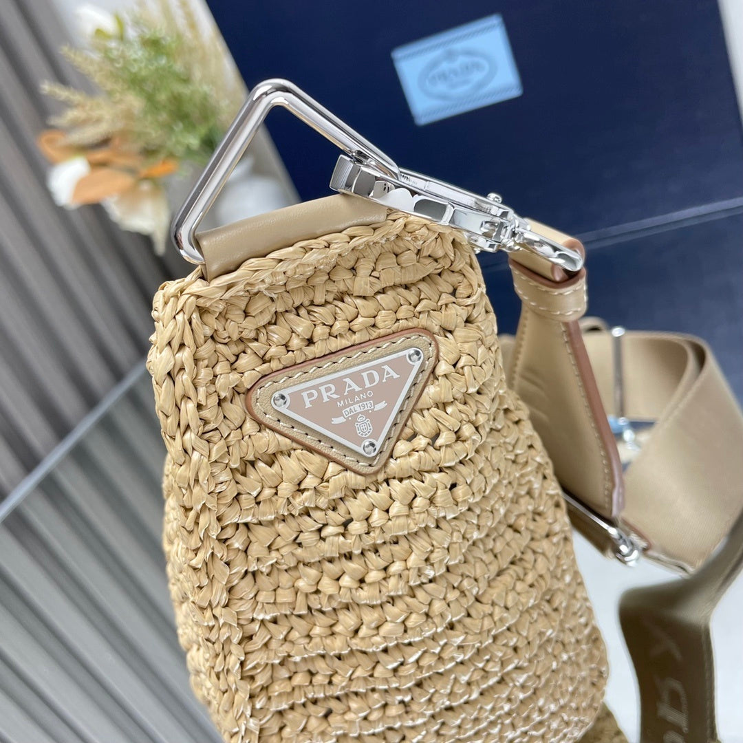 Prada Crochet Triangle Shoulder Bag – Natural Tan Raffia-Effect