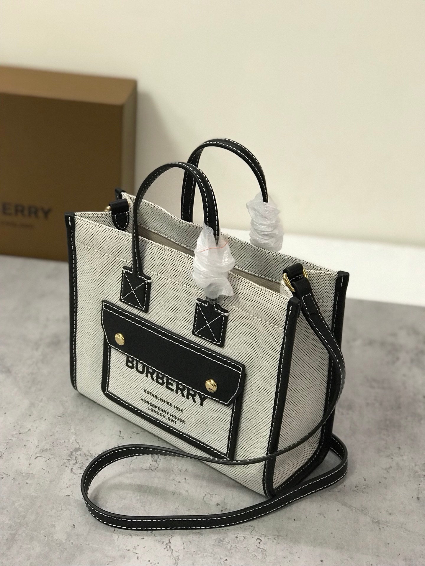 Burberry Mini Freya Tote Bag Two-Tone Canvas & Leather Handbag