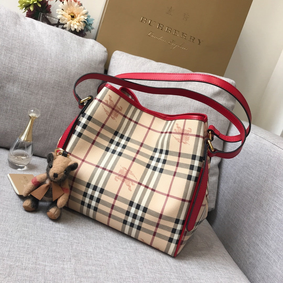 Burberry Canterbury Tote Haymarket Check Canvas & Red Leather Bag