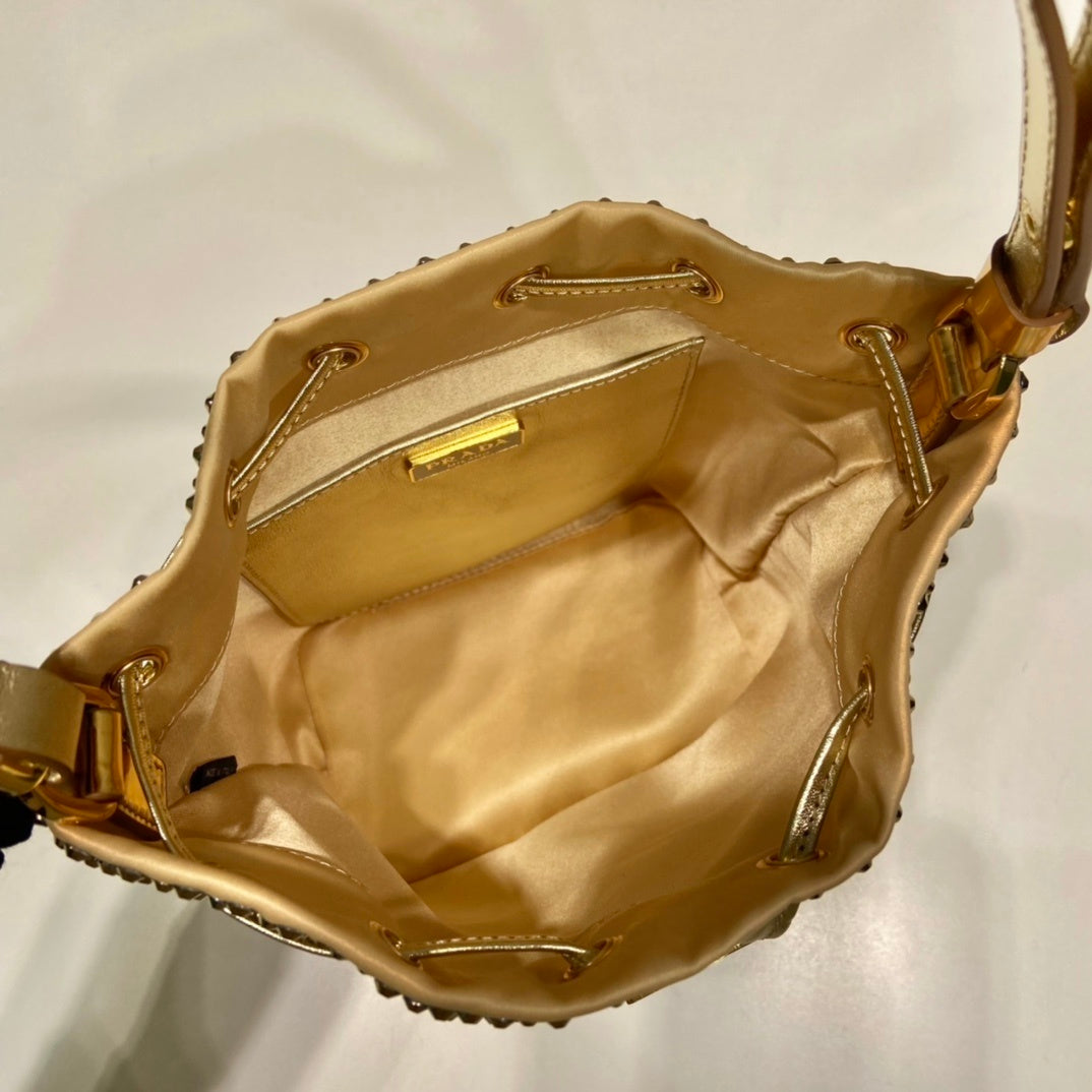 Prada Crystal-Embellished Gold Silk Bucket Bag