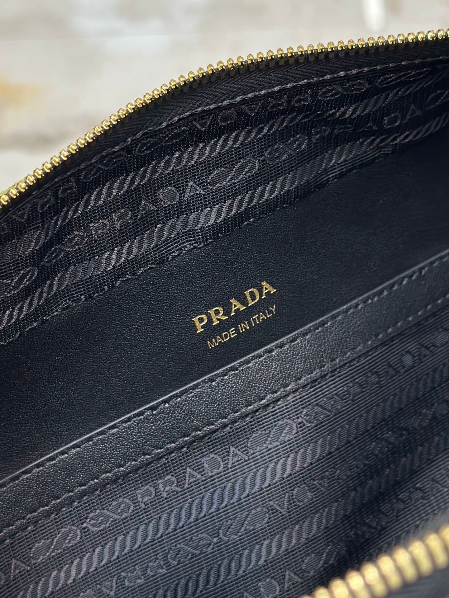 Prada Symbole Embroidered Fabric Shoulder Bag – Black & Ivy Green with Gold-Tone Hardware
