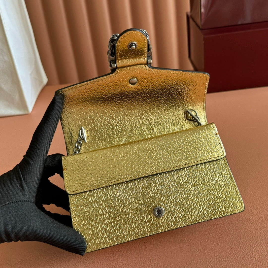Gucci Dionysus Super Mini Gold Leather Bag with Crystal Tiger Head Closure