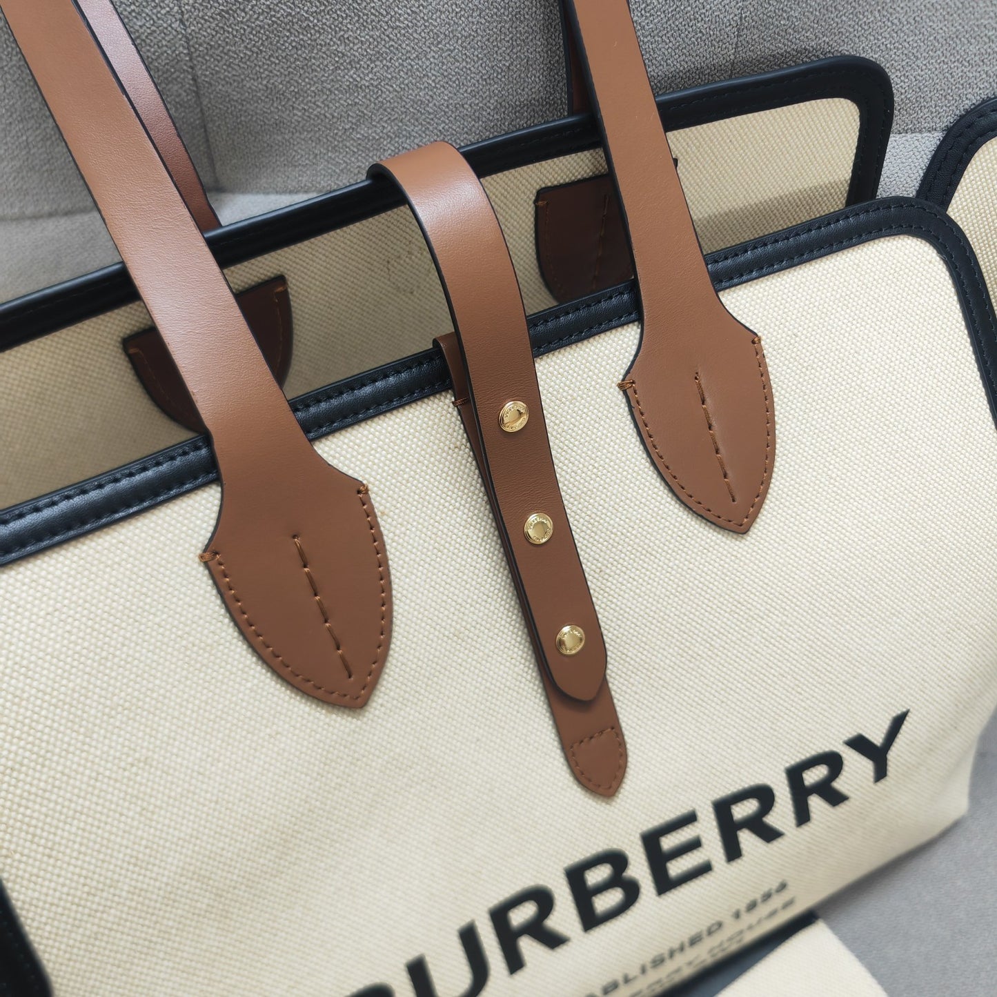 Burberry Medium Horseferry Canvas Tote Bag with Tan Leather Trim