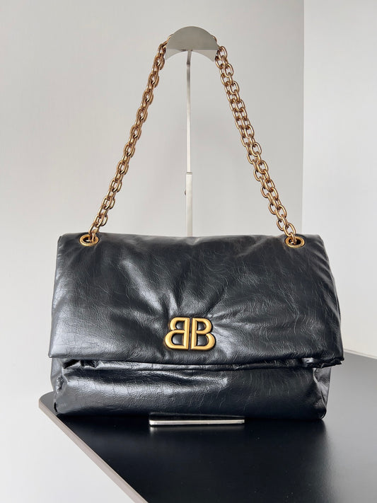 Balenciaga Monaco Black Crinkled Calfskin Shoulder Bag