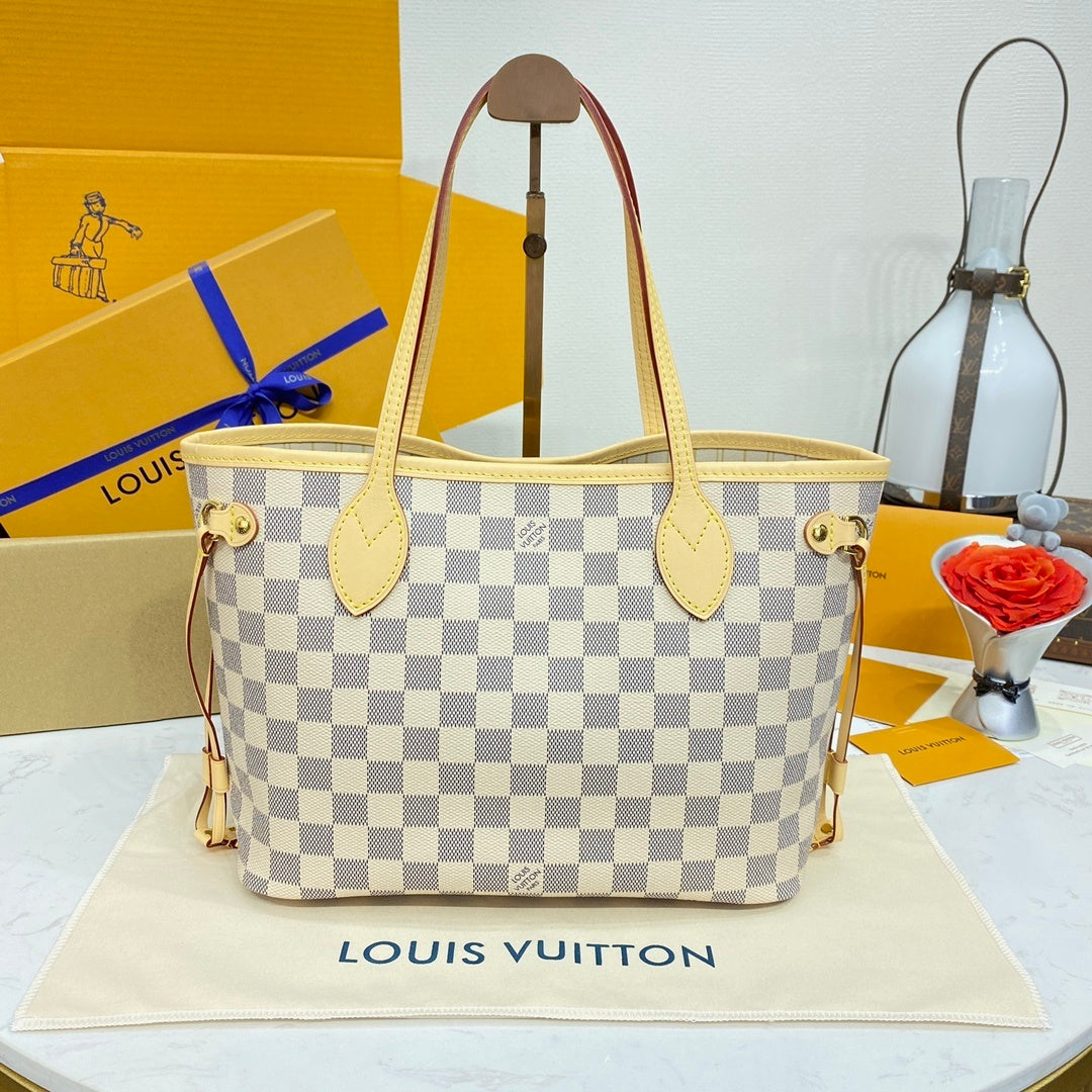 Louis Vuitton Neverfull PM Tote – Damier Azur Canvas with Cowhide Trim