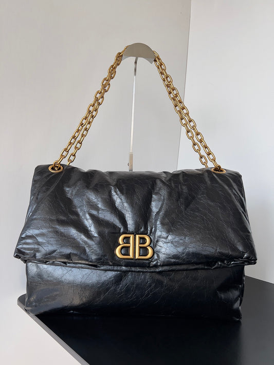 Balenciaga Monaco Chain Bag Black Crinkled Calfskin
