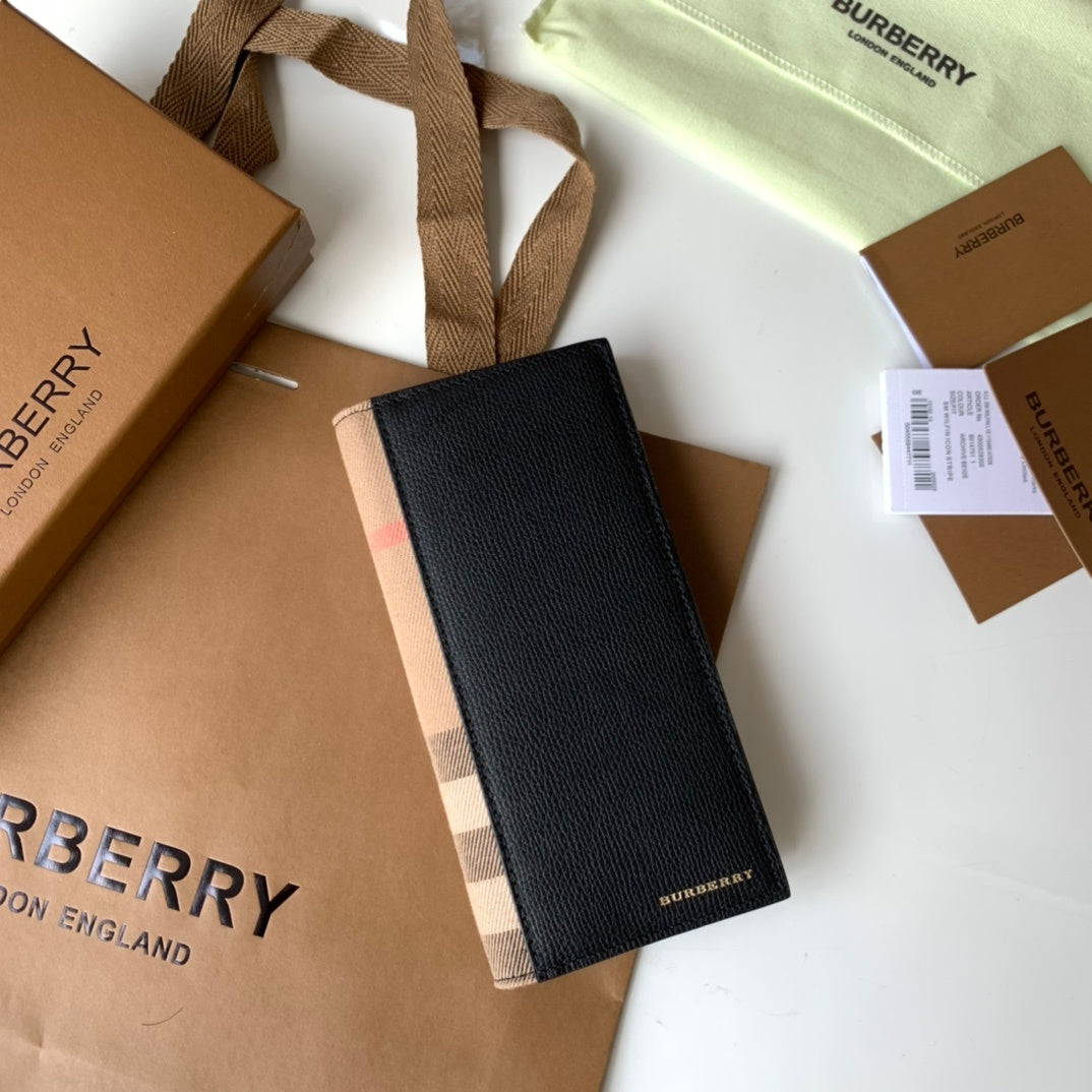 Burberry Long Grainy Leather Wallet with House Check Side Panel