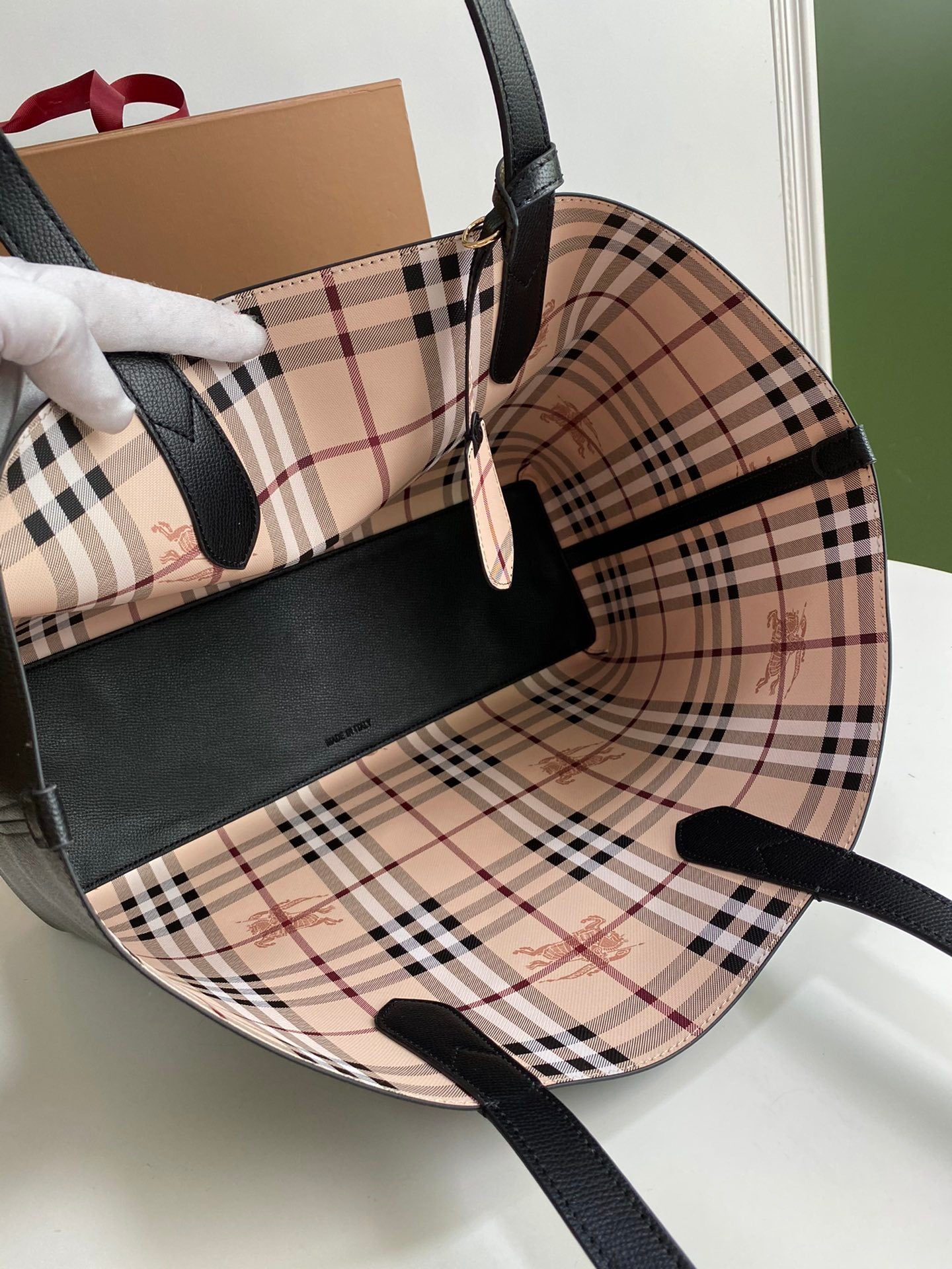 Burberry Reversible Haymarket Check Tote Bag with Black Leather Straps
