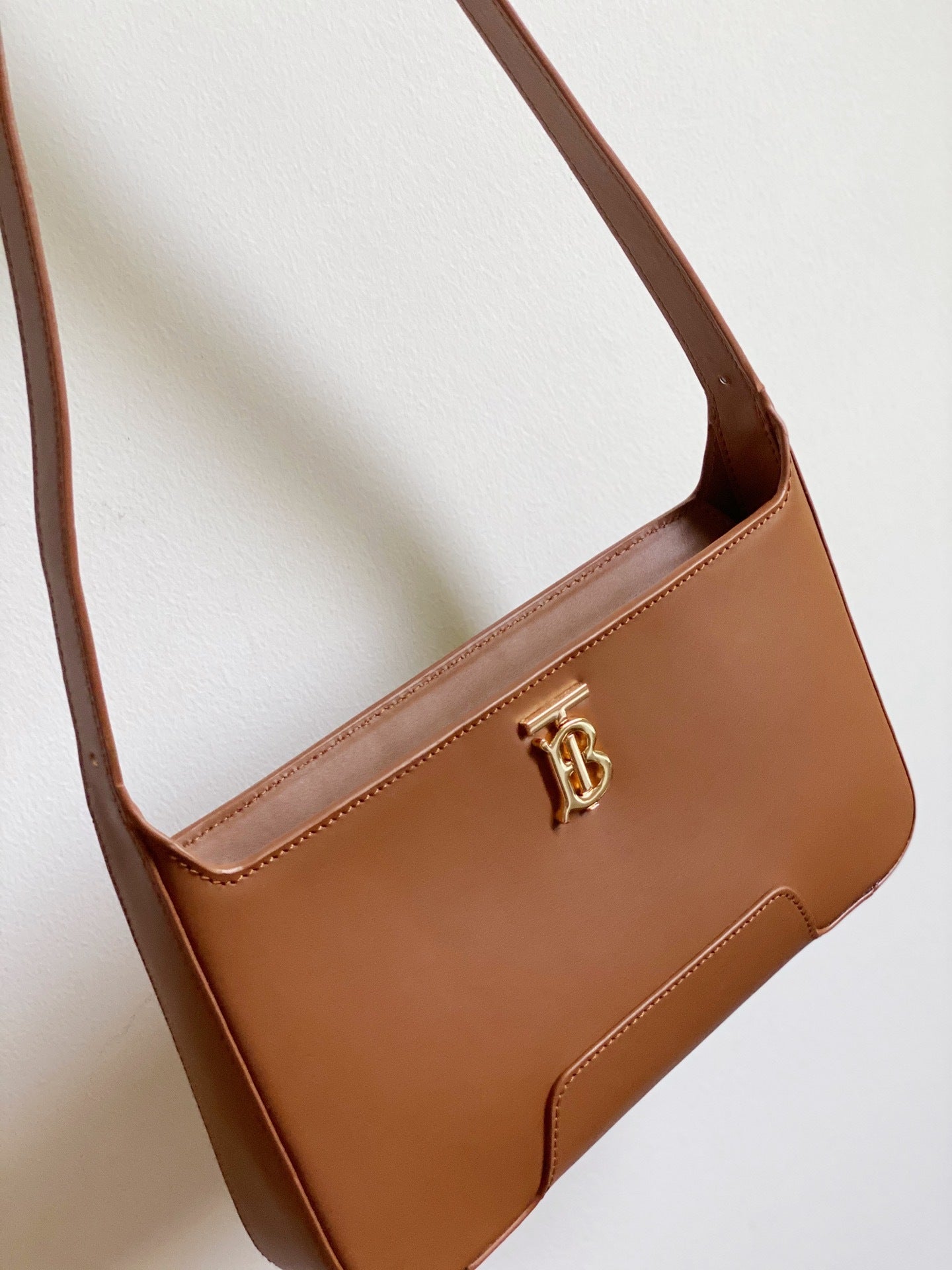 Burberry TB Brown Leather Shoulder Bag with Gold Monogram Logo