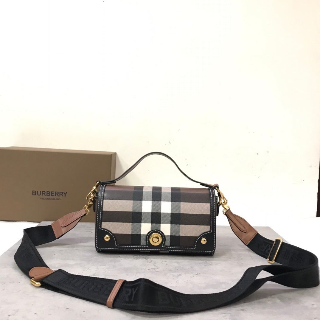 Burberry Note Bag with Iconic Check Pattern and Smooth Leather Trim