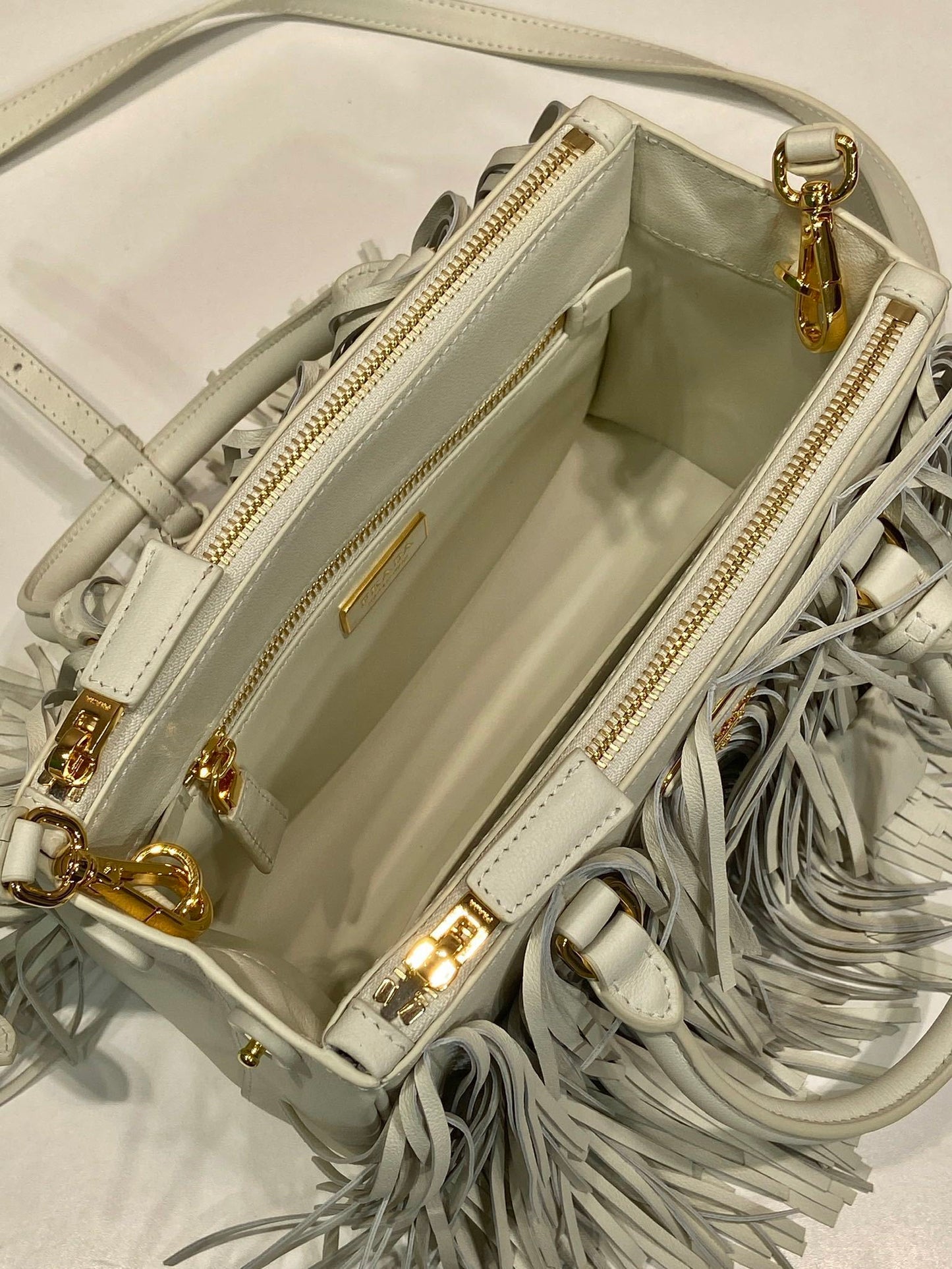 Prada Small Galleria White Tote Bag with Fringe Detailing