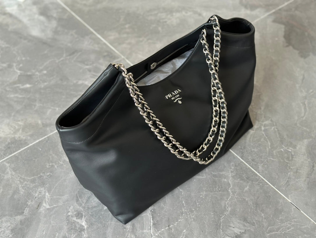 Prada Black Soft Calf Leather Chain Tote Bag