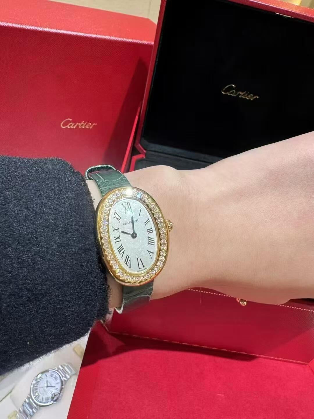 Cartier Baignoire Rose Gold Watches with Diamond Bezels and Leather Straps