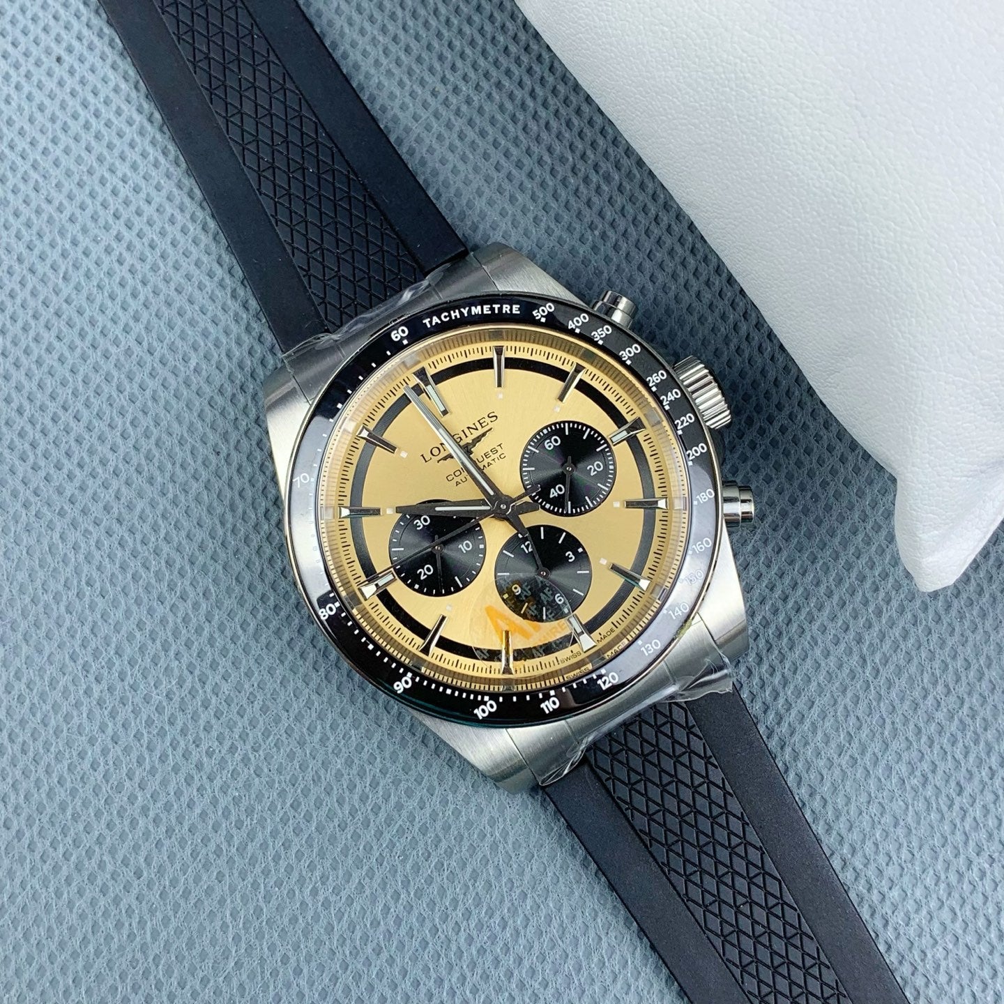 Longines Conquest Chronograph with Champagne Sunray Gilt Dial & Black Rubber Strap