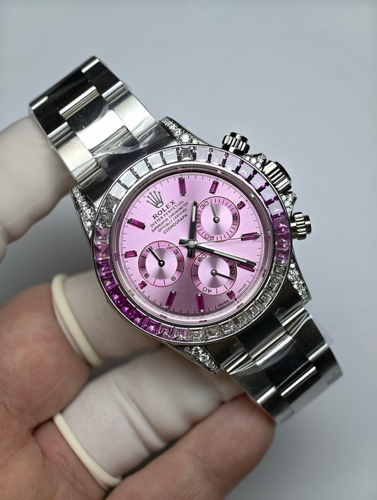 Custom Rolex Daytona Pink Dial Pink Gemstone Bezel