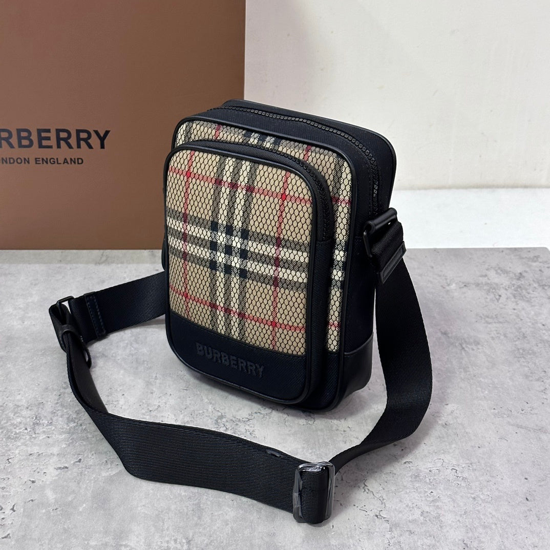 Burberry Freddie Crossbody Bag in Archival Beige Check with Black Mesh Overlay